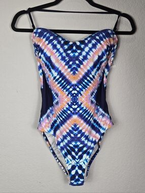 Trina Turk Moonlight Bandeau One Piece Swimsuit Sz 6 Tie Dye Strappy Back Beach